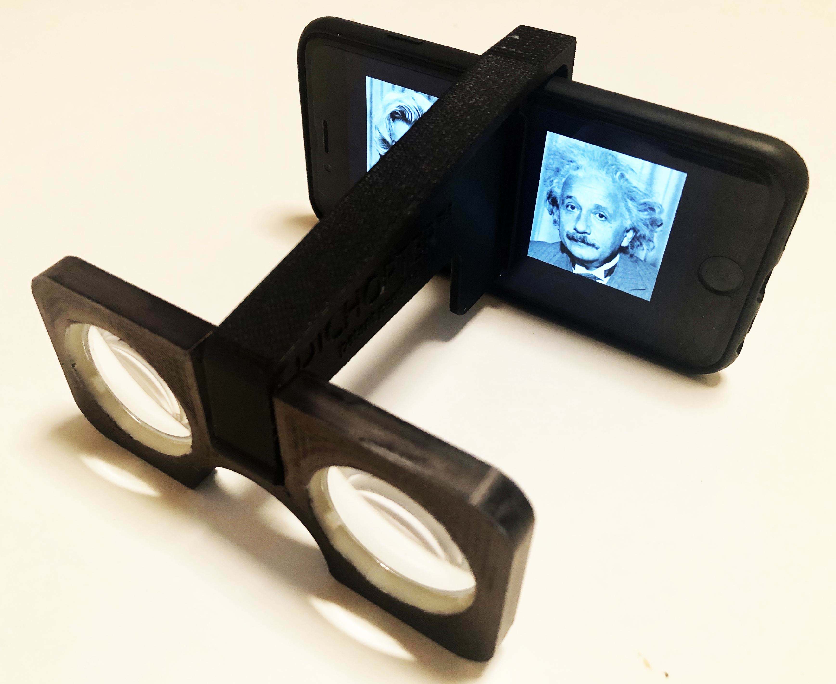 A phone with the binocular dichoptic viewer attached to it